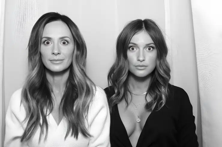 Glam photo booth at Fresno birthday party with white backdrop.